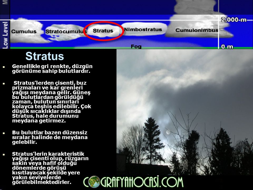 Stratus Genellikle gri renkte, düzgün görünüme sahip bulutlardır.
