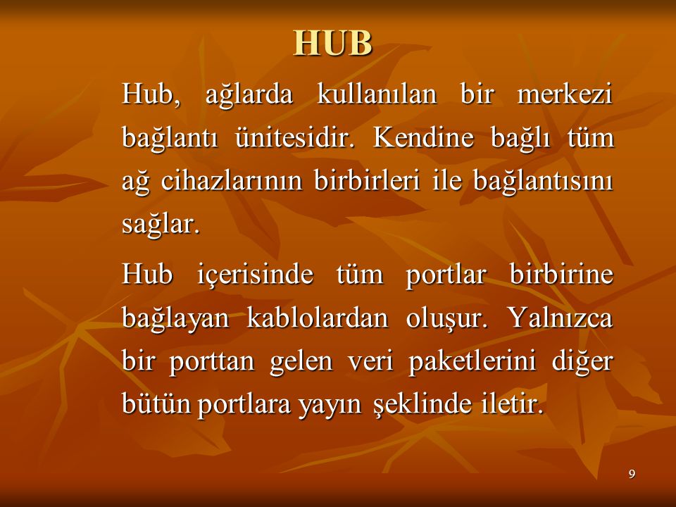 HUB Hub, ağlarda kullanılan bir merkezi bağlantı ünitesidir. Kendine bağlı tüm ağ cihazlarının birbirleri ile bağlantısını sağlar.