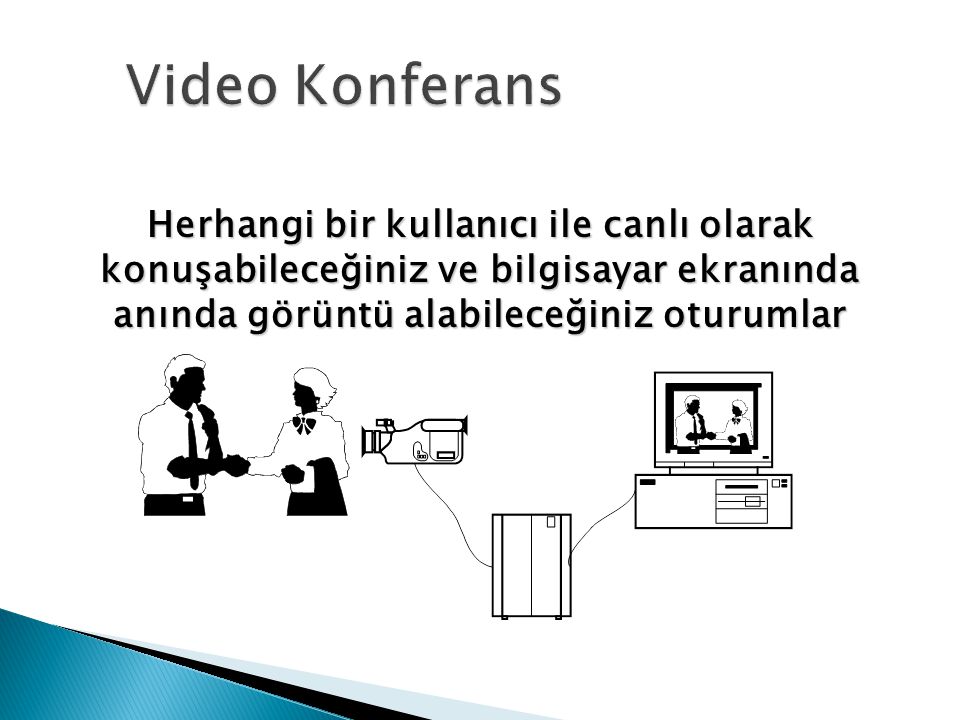 Video Konferans Herhangi bir kullanıcı ile canlı olarak konuşabileceğiniz ve bilgisayar ekranında anında görüntü alabileceğiniz oturumlar.