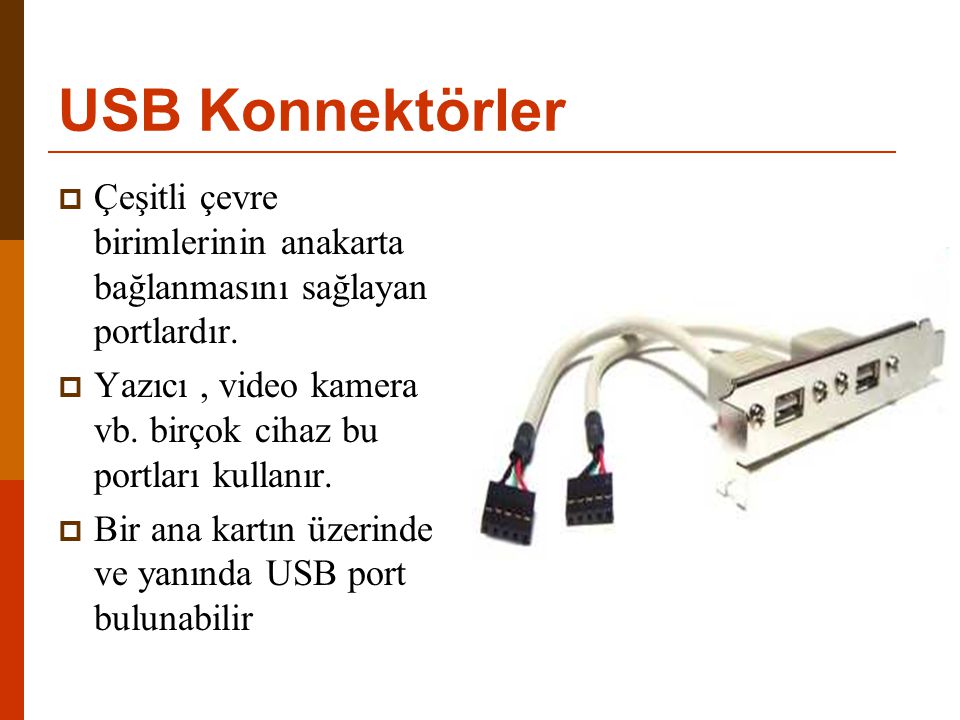 USB Konnektörler Çeşitli çevre birimlerinin anakarta bağlanmasını sağlayan portlardır. Yazıcı , video kamera vb. birçok cihaz bu portları kullanır.