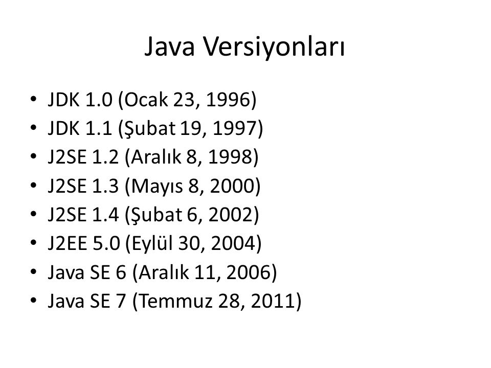 Java Versiyonları JDK 1.0 (Ocak 23, 1996) JDK 1.1 (Şubat 19, 1997)