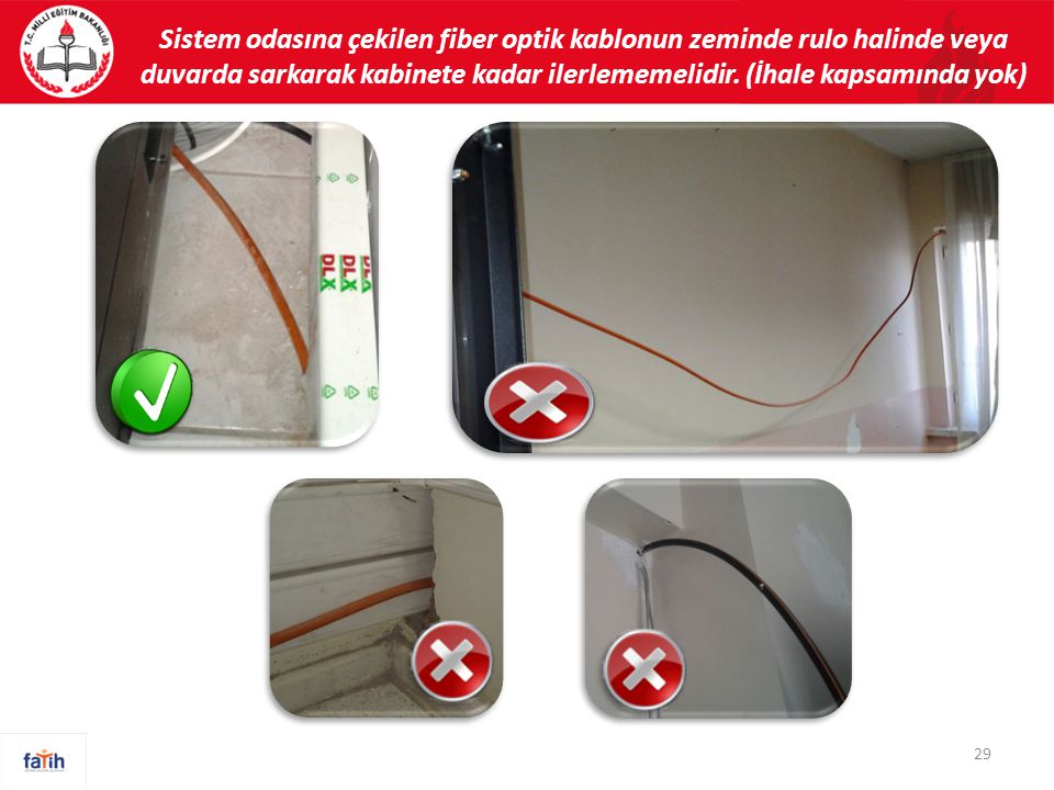 Sistem odasına çekilen fiber optik kablonun zeminde rulo halinde veya duvarda sarkarak kabinete kadar ilerlememelidir.
