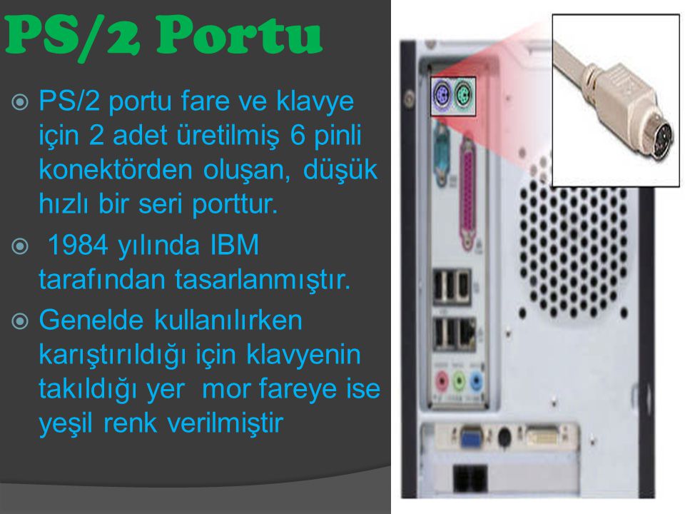 PS/2 Portu PS/2 portu fare ve klavye için 2 adet üretilmiş 6 pinli konektörden oluşan, düşük hızlı bir seri porttur.