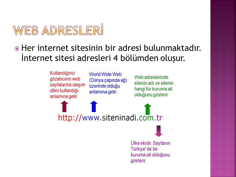 WEB ADRESLERİ Her internet sitesinin bir adresi bulunmaktadır.