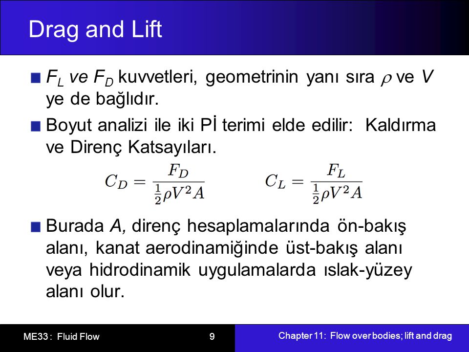 Drag and Lift FL ve FD kuvvetleri, geometrinin yanı sıra  ve V ye de bağlıdır.