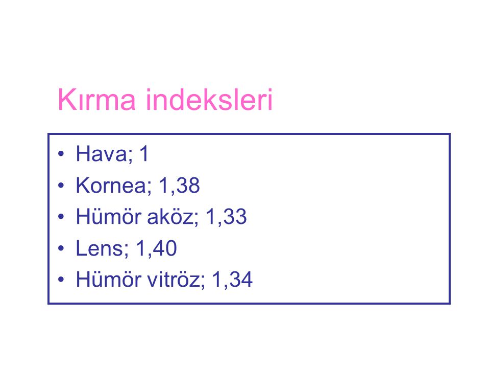 Kırma indeksleri Hava; 1 Kornea; 1,38 Hümör aköz; 1,33 Lens; 1,40