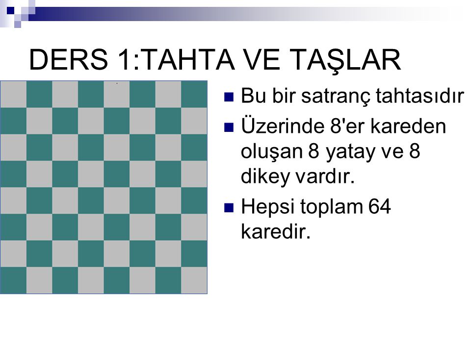 DERS 1:TAHTA VE TAŞLAR Bu bir satranç tahtasıdır