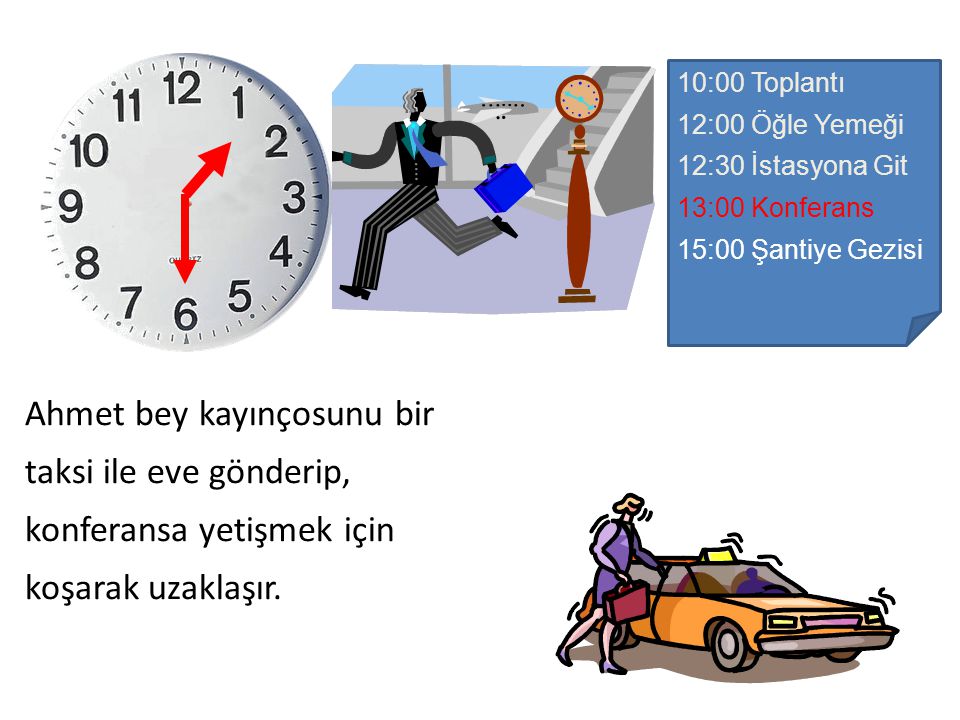 10:00 Toplantı 12:00 Öğle Yemeği. 12:30 İstasyona Git. 13:00 Konferans. 15:00 Şantiye Gezisi.