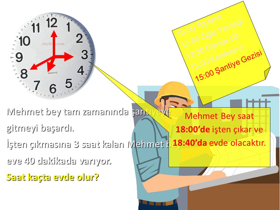 Mehmet Bey saat 18:00’de işten çıkar ve 18:40’da evde olacaktır.