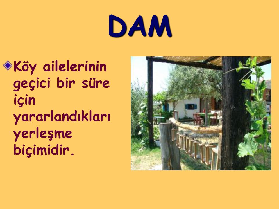 DAM Köy ailelerinin geçici bir süre için yararlandıkları yerleşme biçimidir.