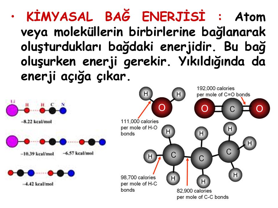 KİMYASAL BAĞ ENERJİSİ : Atom veya moleküllerin birbirlerine bağlanarak oluşturdukları bağdaki enerjidir.