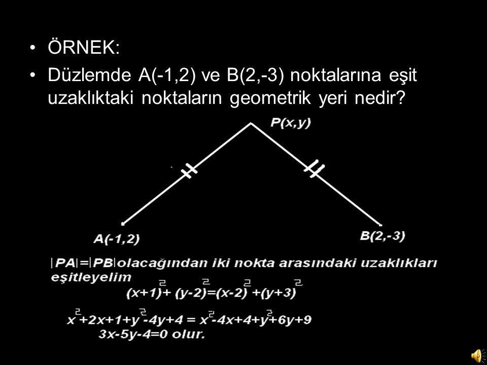 ÖRNEK: Düzlemde A(-1,2) ve B(2,-3) noktalarına eşit uzaklıktaki noktaların geometrik yeri nedir
