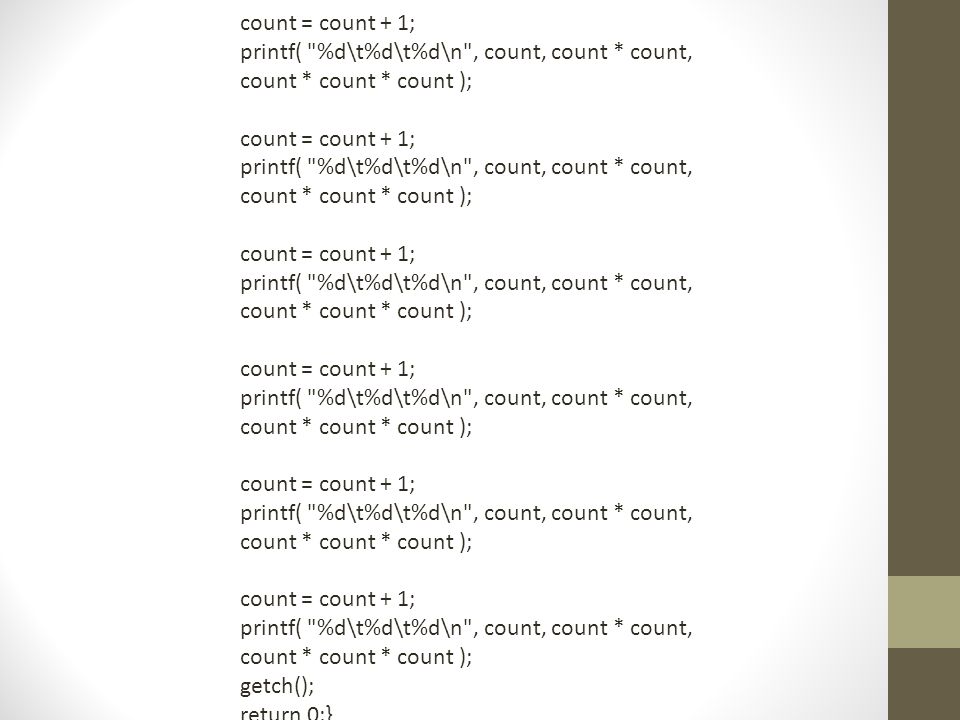 count = count + 1; printf( %d\t%d\t%d\n , count, count * count, count * count * count ); getch();