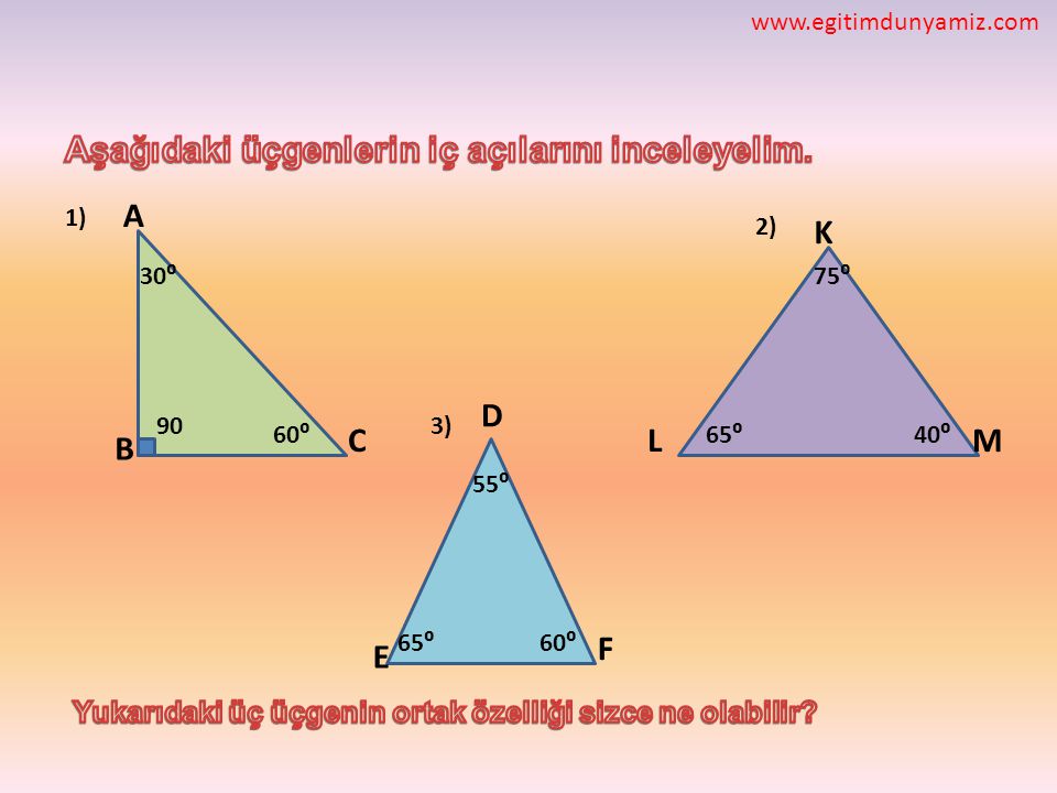 Aşağıdaki üçgenlerin iç açılarını inceleyelim.