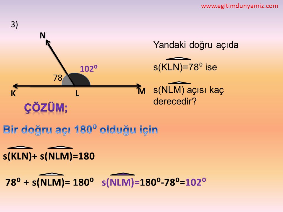 Bir doğru açı 180⁰ olduğu için s(KLN)+ s(NLM)=180
