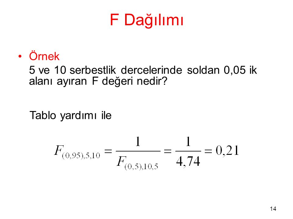 F Dağılımı Örnek. 5 ve 10 serbestlik dercelerinde soldan 0,05 ik alanı ayıran F değeri nedir.