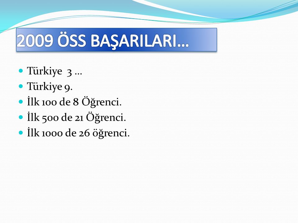 2009 ÖSS BAŞARILARI… Türkiye 3 … Türkiye 9. İlk 100 de 8 Öğrenci.