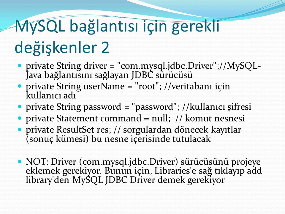 MySQL bağlantısı için gerekli değişkenler 2