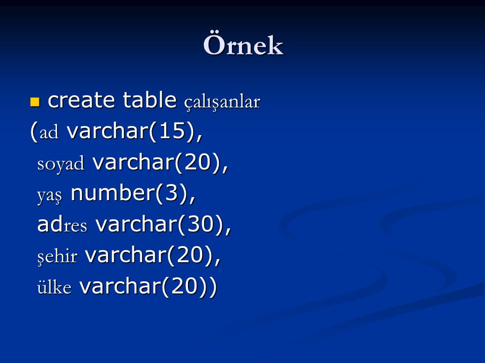Örnek create table çalışanlar (ad varchar(15), soyad varchar(20),