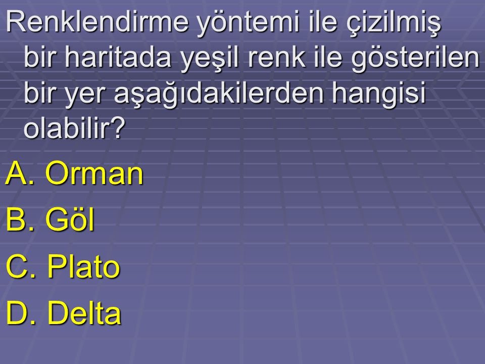 A. Orman B. Göl C. Plato D. Delta