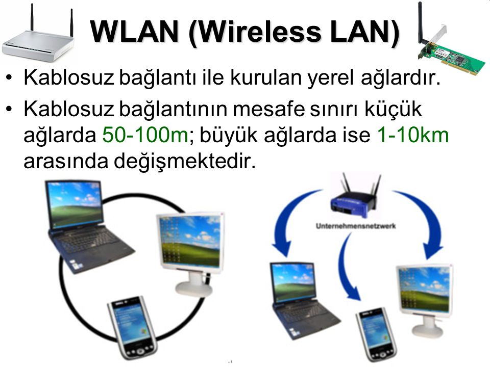 WLAN (Wireless LAN) Kablosuz bağlantı ile kurulan yerel ağlardır.