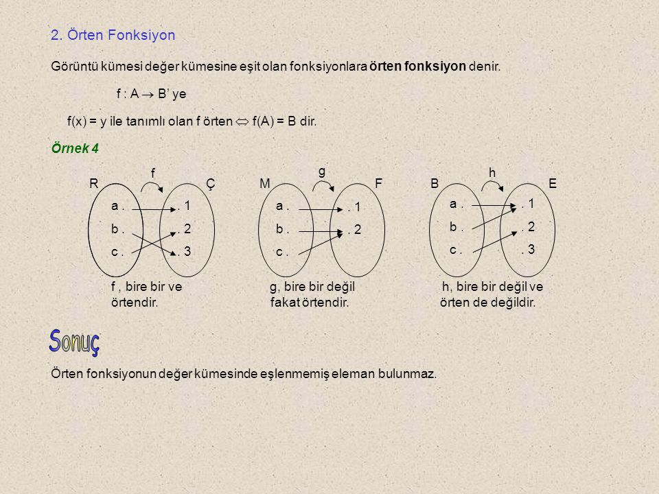 2. Örten Fonksiyon Görüntü kümesi değer kümesine eşit olan fonksiyonlara örten fonksiyon denir. f : A  B’ ye.