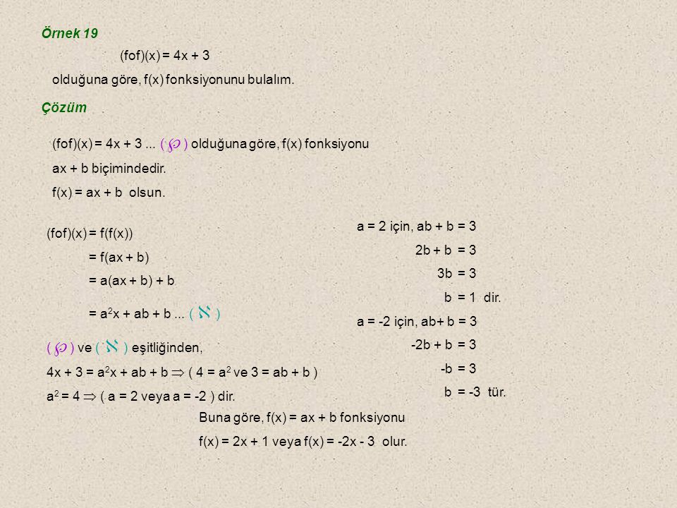 Örnek 19 (fof)(x) = 4x + 3. olduğuna göre, f(x) fonksiyonunu bulalım. Çözüm. (fof)(x) = 4x () olduğuna göre, f(x) fonksiyonu.