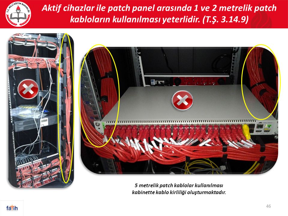 Aktif cihazlar ile patch panel arasında 1 ve 2 metrelik patch kabloların kullanılması yeterlidir. (T.Ş )