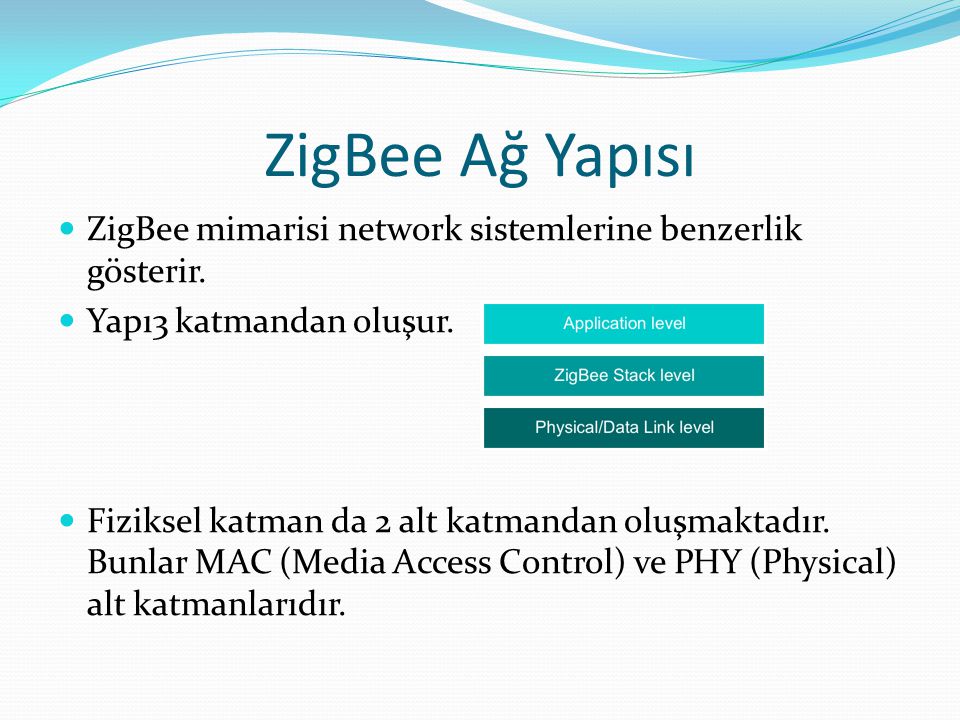ZigBee Ağ Yapısı ZigBee mimarisi network sistemlerine benzerlik gösterir. Yapı3 katmandan oluşur.