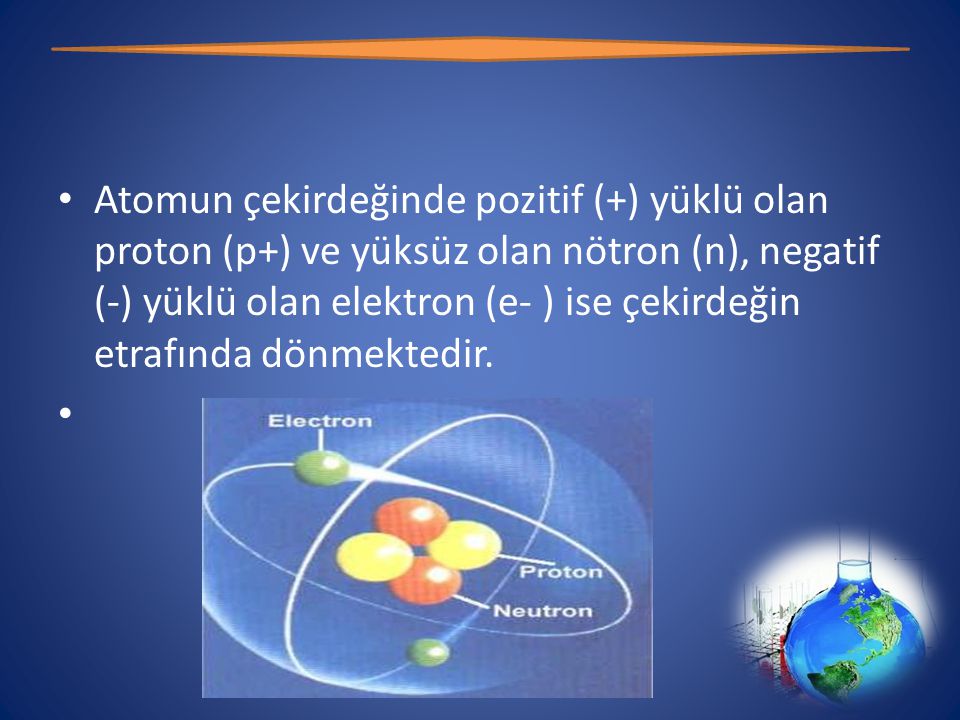 Atomun çekirdeğinde pozitif (+) yüklü olan proton (p+) ve yüksüz olan nötron (n), negatif (-) yüklü olan elektron (e- ) ise çekirdeğin etrafında dönmektedir.