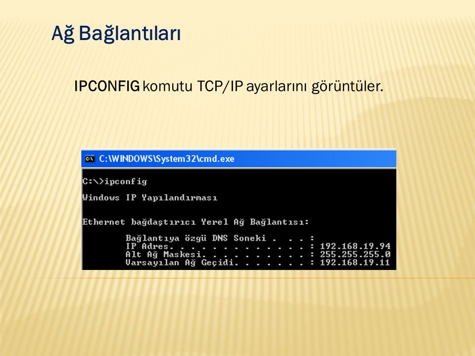Ağ Bağlantıları IPCONFIG komutu TCP/IP ayarlarını görüntüler.