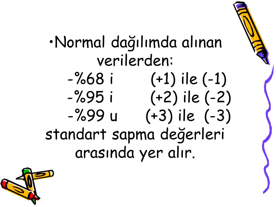 Normal dağılımda alınan verilerden: -%68 i (+1) ile (-1) -%95 i (+2) ile (-2) -%99 u (+3) ile (-3) standart sapma değerleri arasında yer alır.