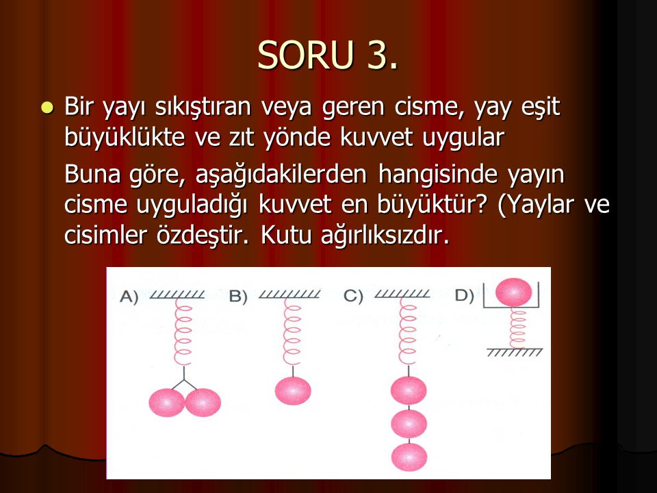 SORU 3. Bir yayı sıkıştıran veya geren cisme, yay eşit büyüklükte ve zıt yönde kuvvet uygular.
