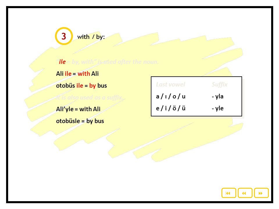 3 ile = by, with is used after the noun. Ali ile = with Ali