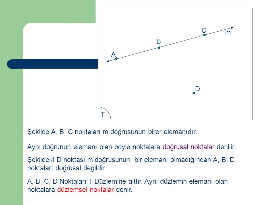 A B. C. m. D. T. Şekilde A, B, C noktaları m doğrusunun birer elemanıdır. Aynı doğrunun elemanı olan böyle noktalara doğrusal noktalar denilir.