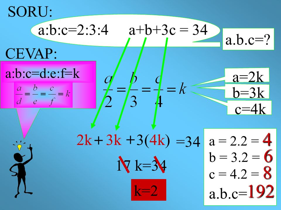 192 SORU: a:b:c=2:3:4 a+b+3c = 34 a.b.c= CEVAP: a=2k b=3k c=4k 2k +