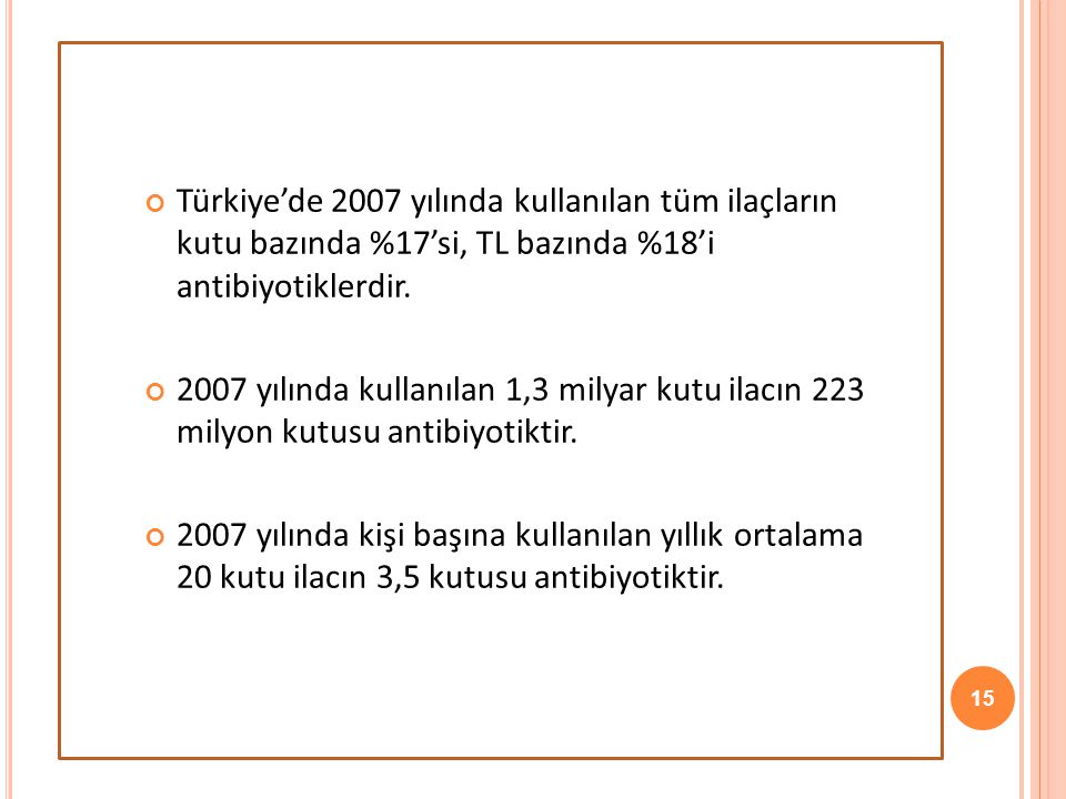 Türkiye’de 2007 yılında kullanılan tüm ilaçların kutu bazında %17’si, TL bazında %18’i antibiyotiklerdir.