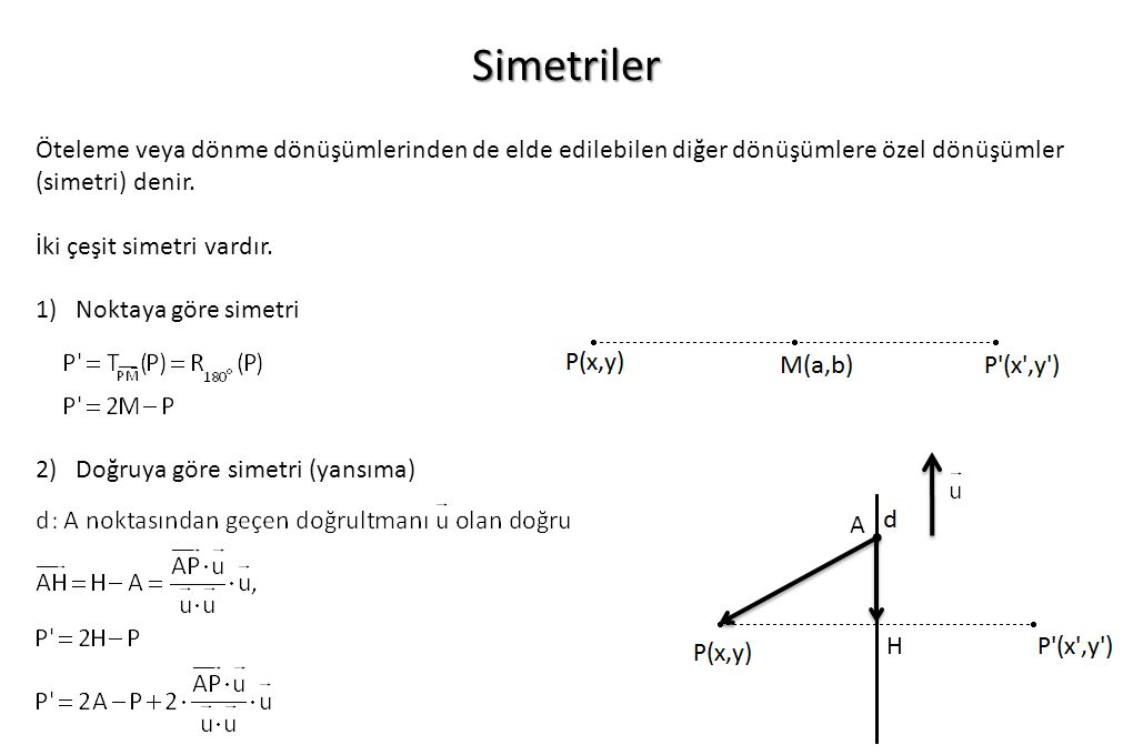 Simetriler Öteleme veya dönme dönüşümlerinden de elde edilebilen diğer dönüşümlere özel dönüşümler (simetri) denir.