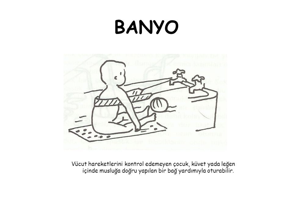 BANYO Vücut hareketlerini kontrol edemeyen çocuk, küvet yada leğen içinde musluğa doğru yapılan bir bağ yardımıyla oturabilir.