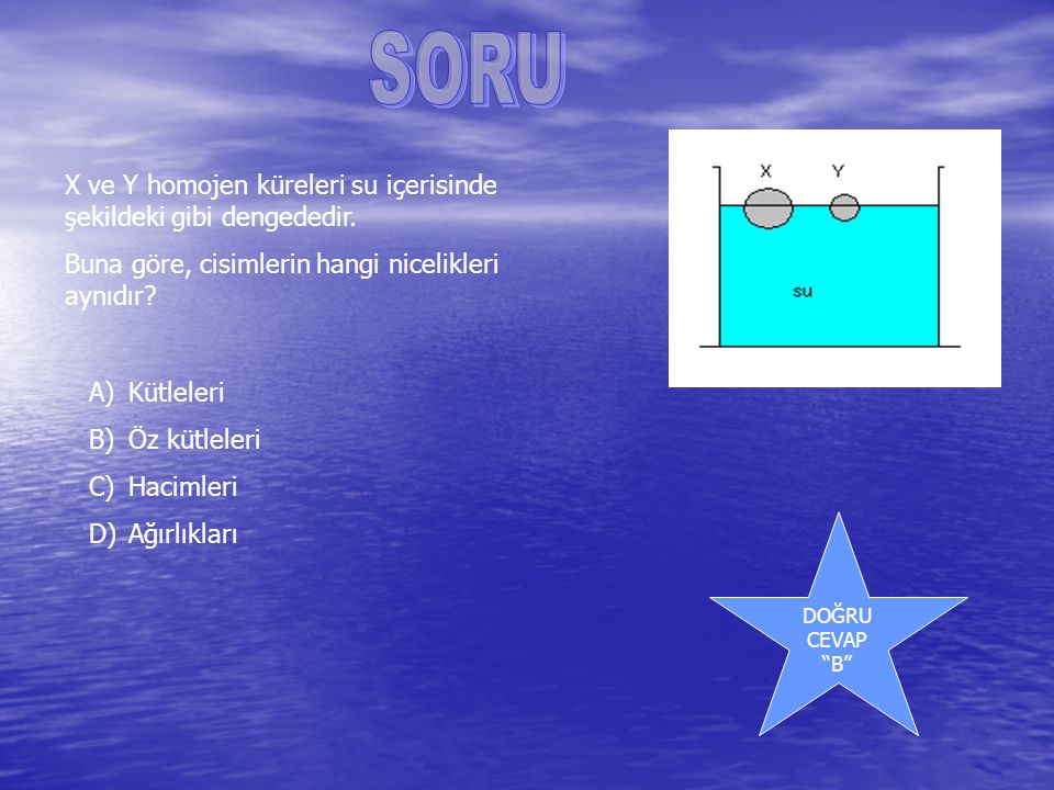 SORU X ve Y homojen küreleri su içerisinde şekildeki gibi dengededir.
