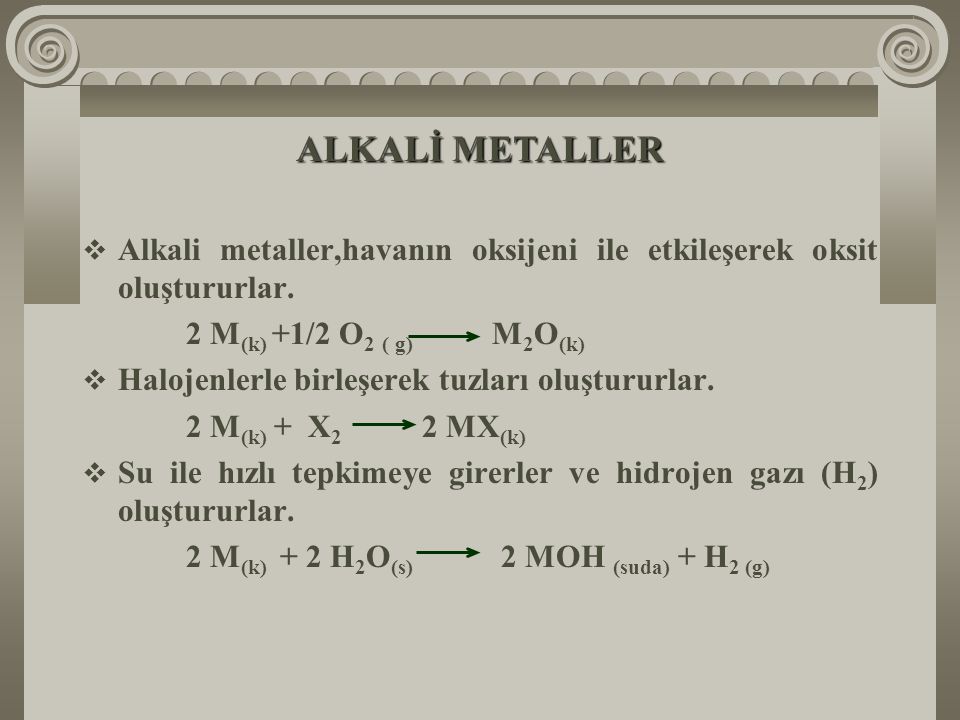 ALKALİ METALLER Alkali metaller,havanın oksijeni ile etkileşerek oksit oluştururlar. 2 M(k) +1/2 O2 ( g) M2O(k)