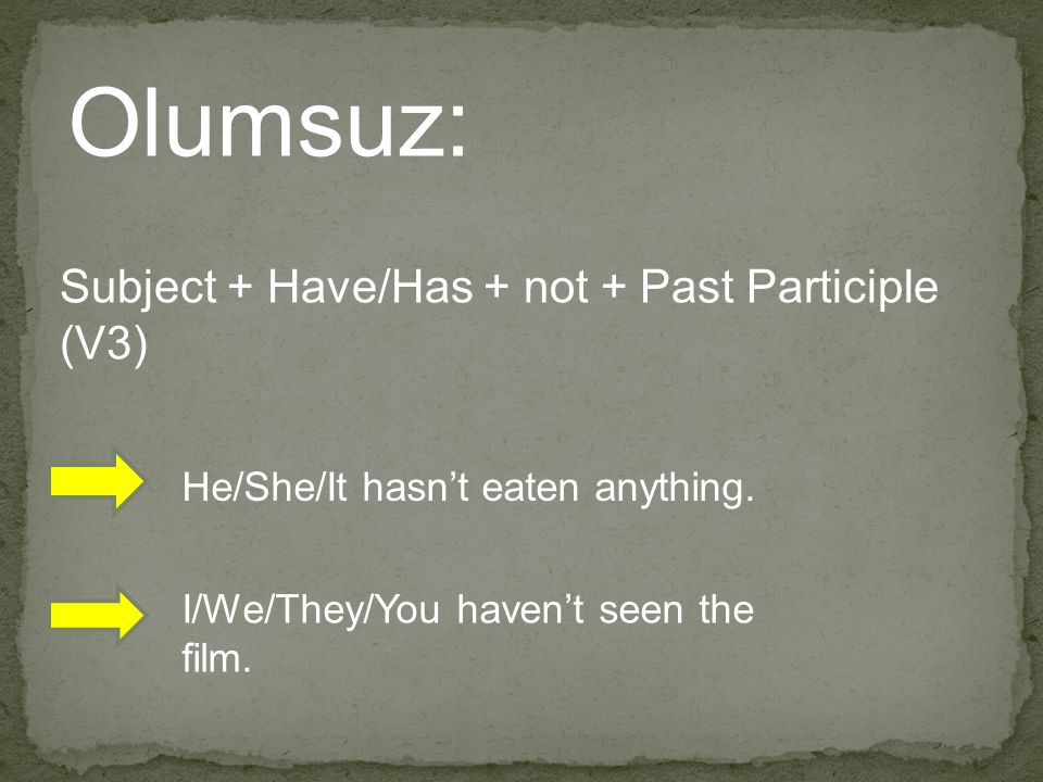 Olumsuz: Subject + Have/Has + not + Past Participle (V3)