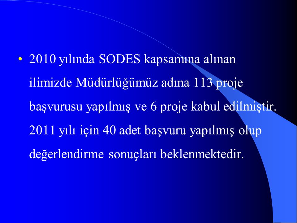 2010 yılında SODES kapsamına alınan ilimizde Müdürlüğümüz adına 113 proje başvurusu yapılmış ve 6 proje kabul edilmiştir.