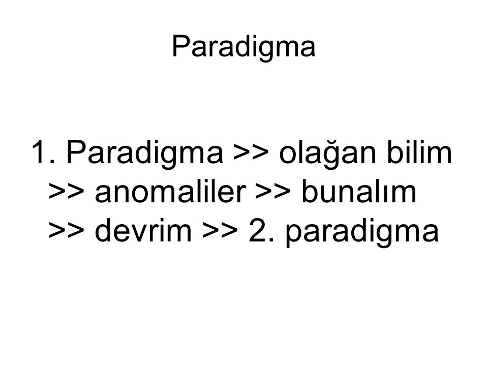 Paradigma 1. Paradigma >> olağan bilim >> anomaliler >> bunalım >> devrim >> 2. paradigma