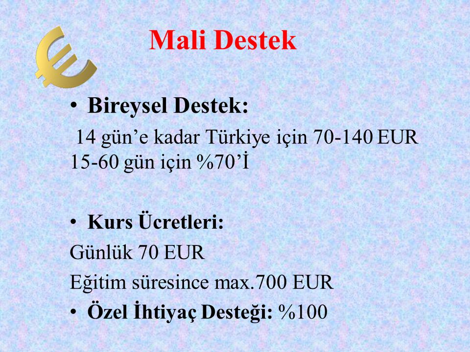 Bireysel Destek: 14 gün’e kadar Türkiye için EUR gün için %70’İ.