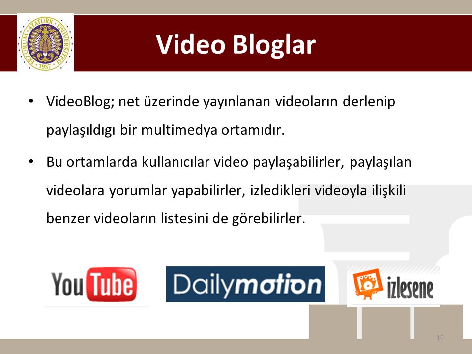 Video Bloglar VideoBlog; net üzerinde yayınlanan videoların derlenip paylaşıldıgı bir multimedya ortamıdır.