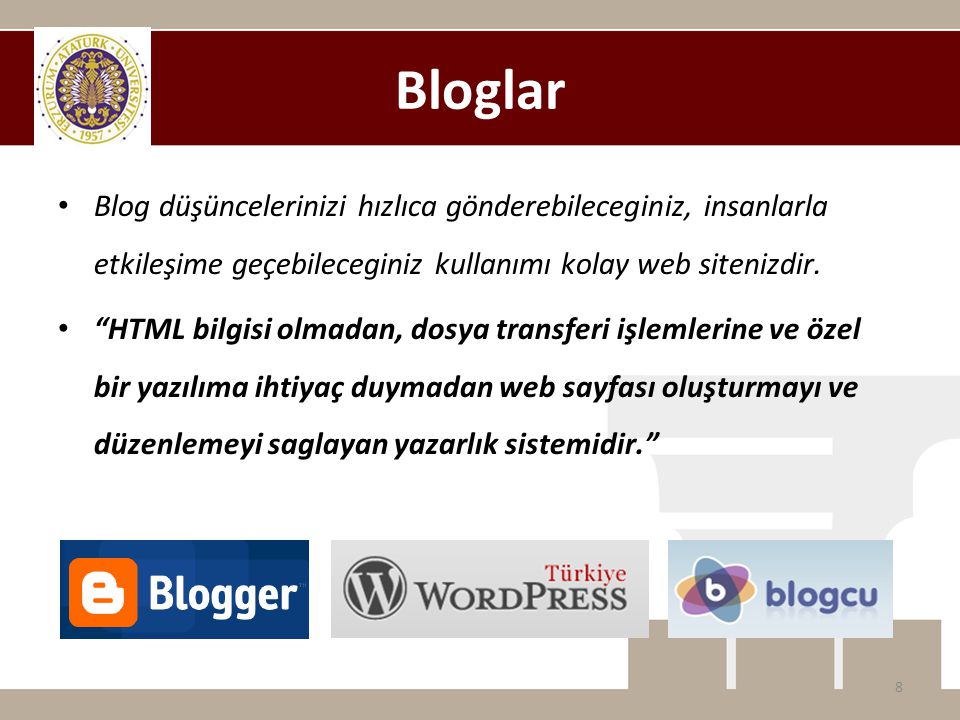Bloglar Blog düşüncelerinizi hızlıca gönderebileceginiz, insanlarla etkileşime geçebileceginiz kullanımı kolay web sitenizdir.