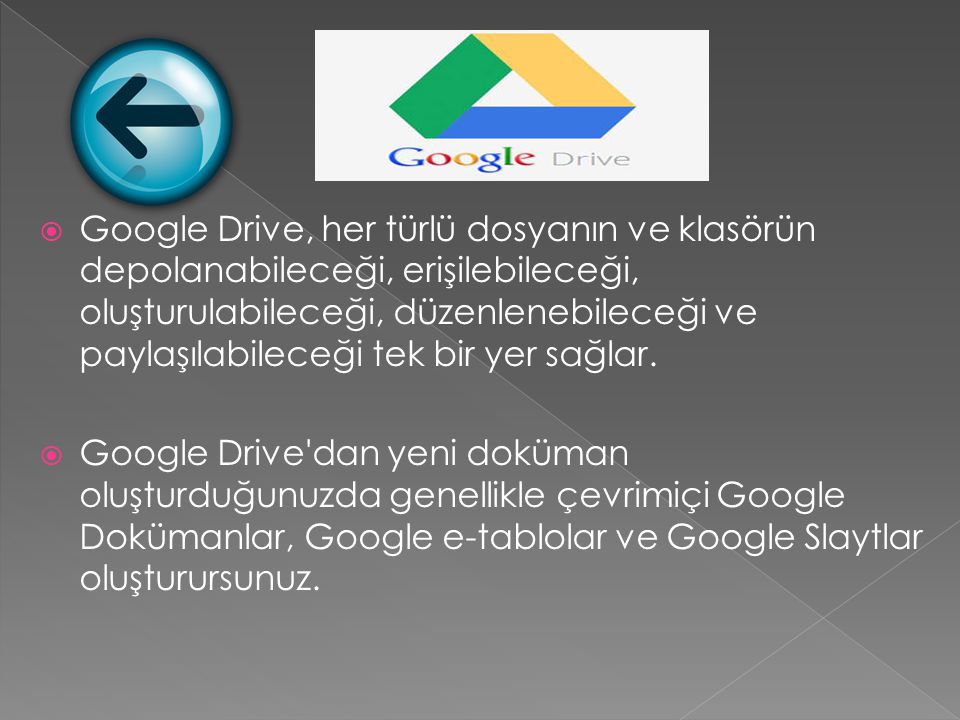 Google Drive, her türlü dosyanın ve klasörün depolanabileceği, erişilebileceği, oluşturulabileceği, düzenlenebileceği ve paylaşılabileceği tek bir yer sağlar.