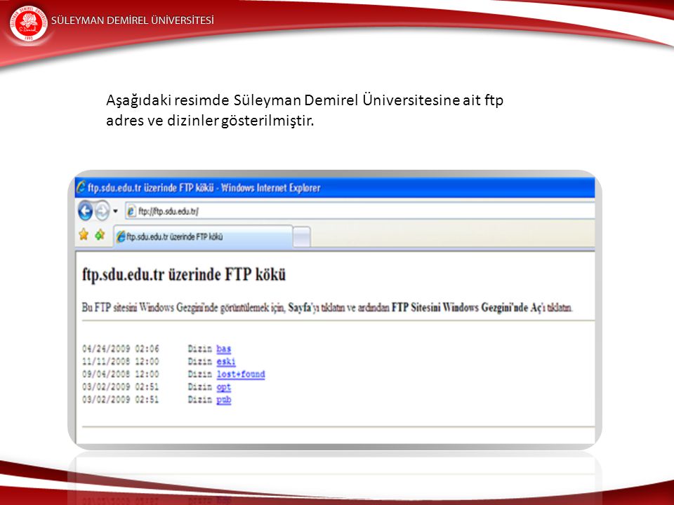 Aşağıdaki resimde Süleyman Demirel Üniversitesine ait ftp adres ve dizinler gösterilmiştir.