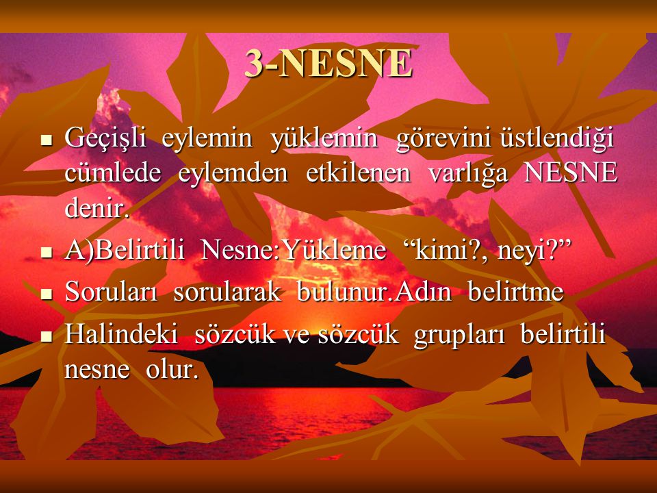 3-NESNE Geçişli eylemin yüklemin görevini üstlendiği cümlede eylemden etkilenen varlığa NESNE denir.